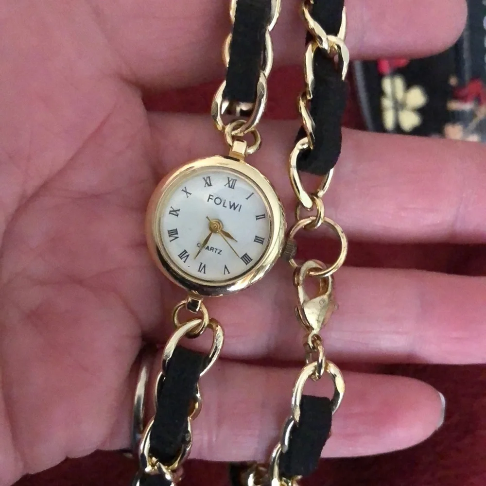 Quartz Black chain Wrap Watch gold and suede w/ lobster clasp